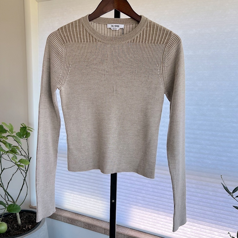 Re/Done Tonal Ribbed Crewneck Sweater Walnut Combo Small NWT Neutral Minimalist